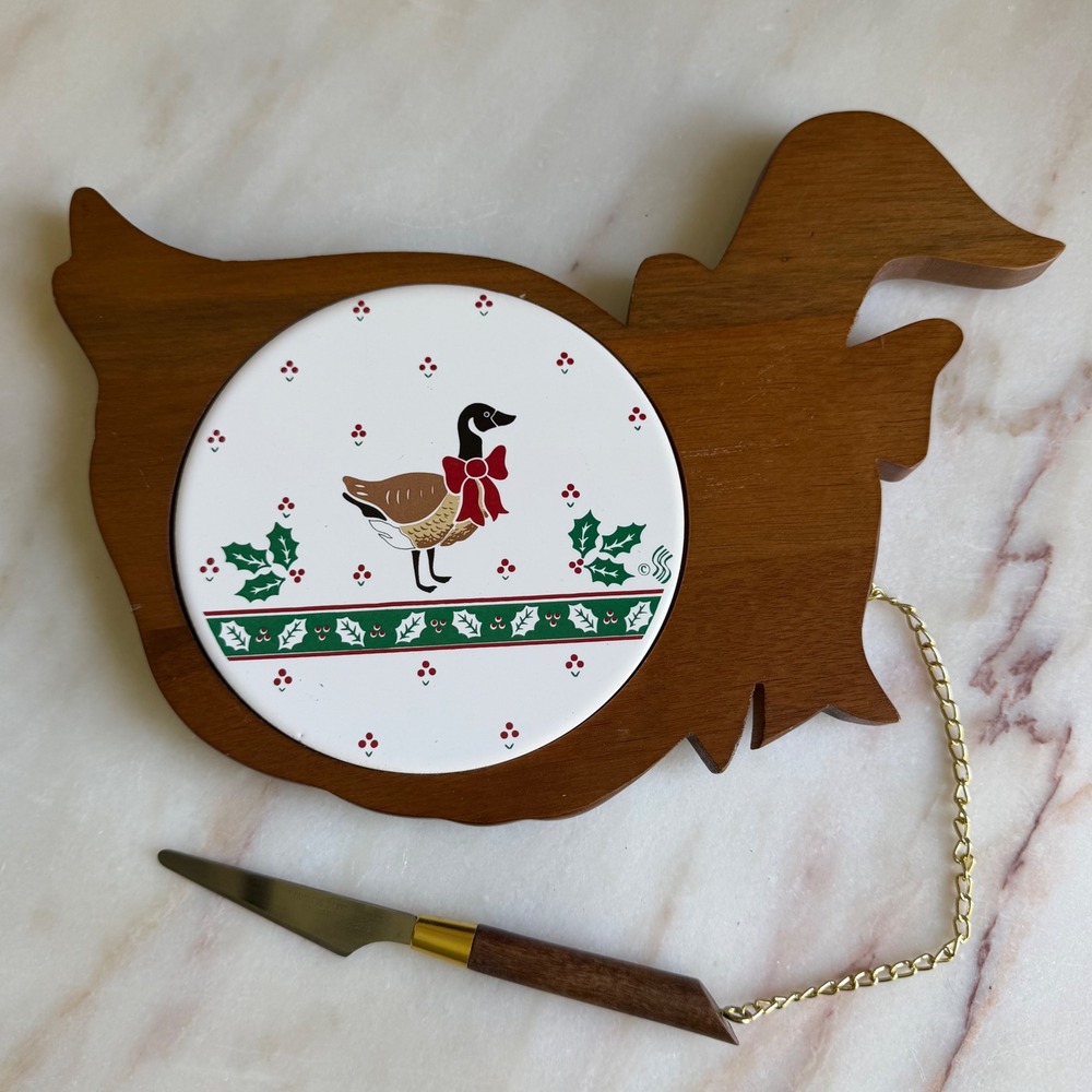 Vintage Goose Wood Cheese Board Ceramic Tile Inlay with Spreader Knife Holiday